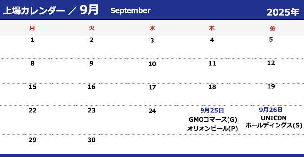 2025年9月新規上場会社カレンダー