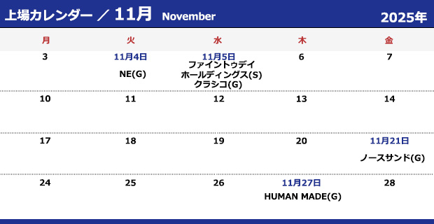 2025年11月新規上場会社カレンダー